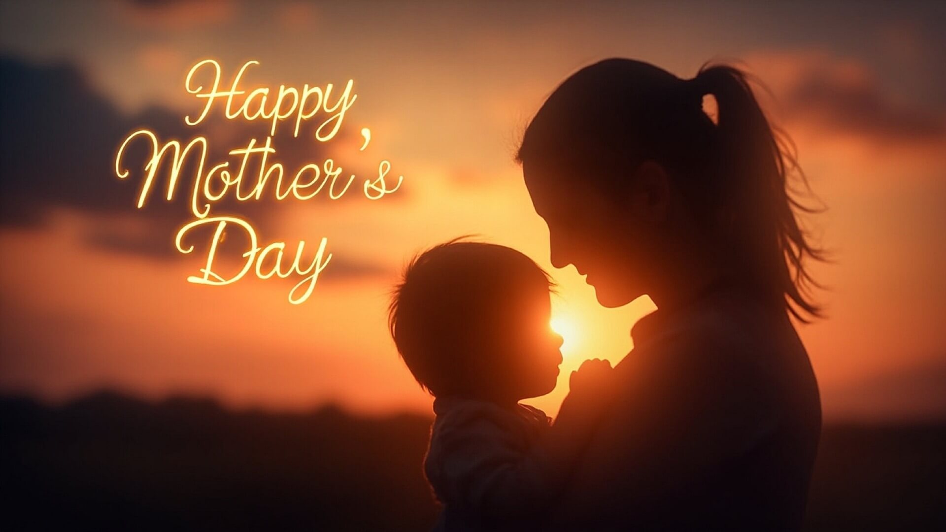 Mother holding her child at sunset