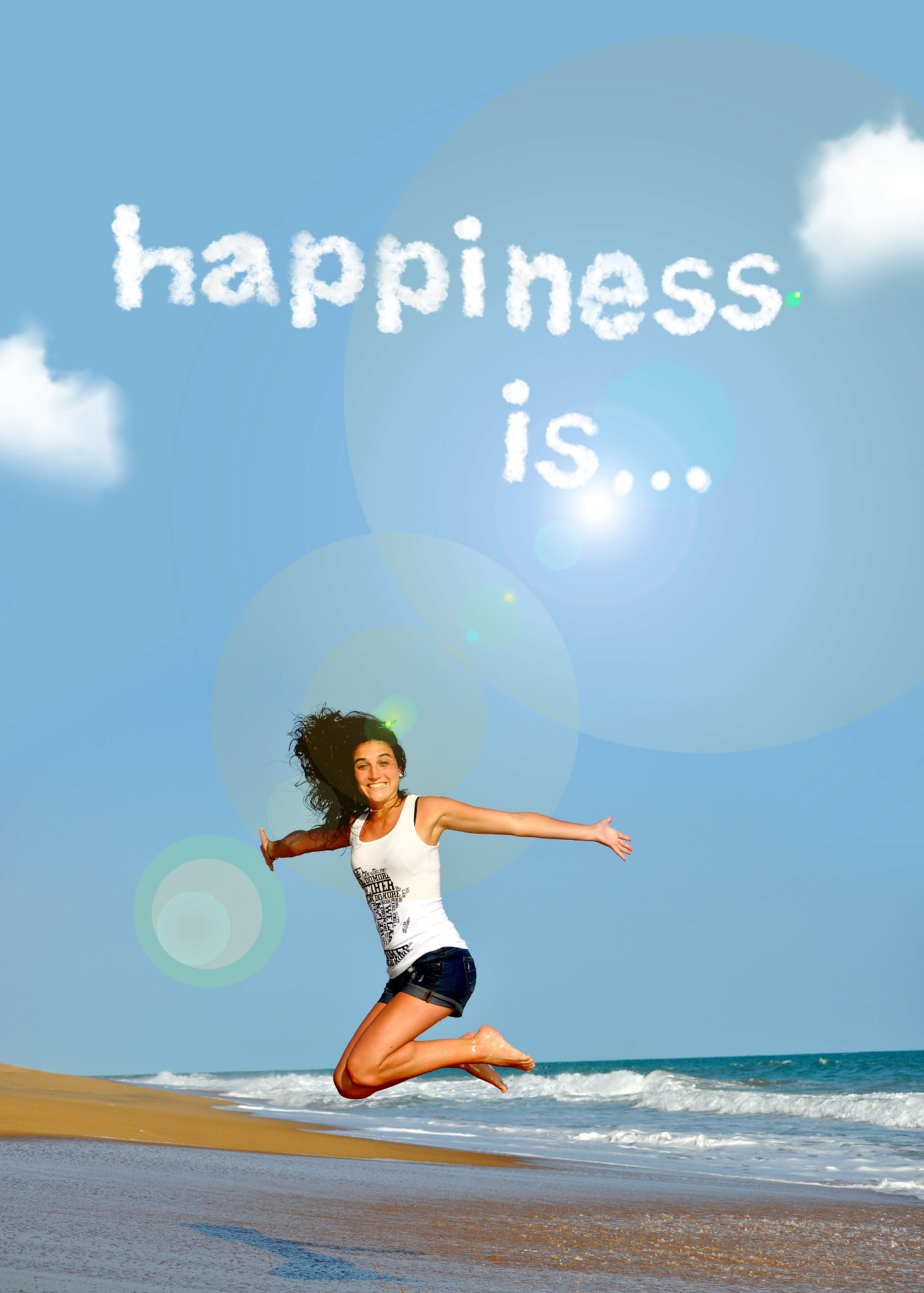 Woman jumping for joy on a bright beach