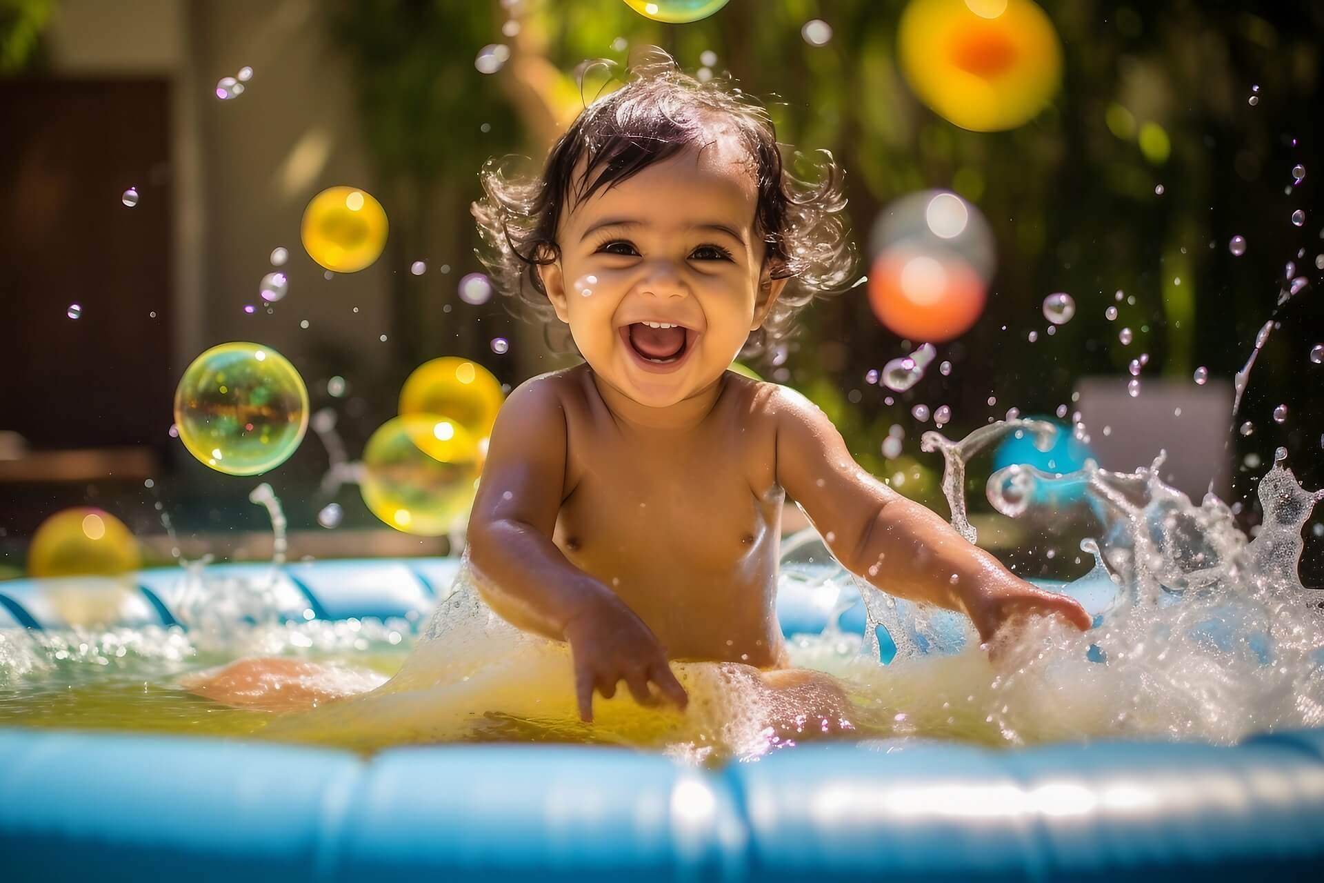 Laughing baby splashing in a paddling pool